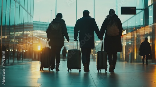 Group of travelers with luggage waiting at airport terminal departure area