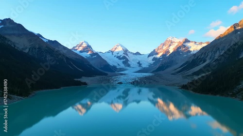 Wallpaper Mural Rising aerial shot revealing a pristine, glassy glacial lake surrounded by rugged, snow-capped peaks under a clear morning sky nature, glaciers, adventure Torontodigital.ca