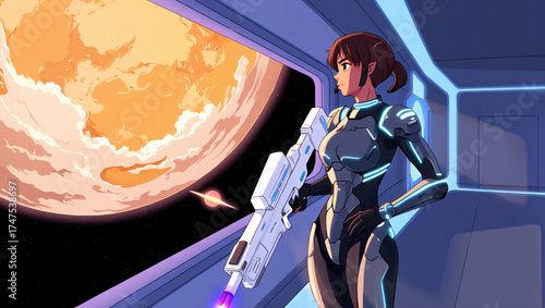 Sci fi soldier gazes at alien planet from spaceship window