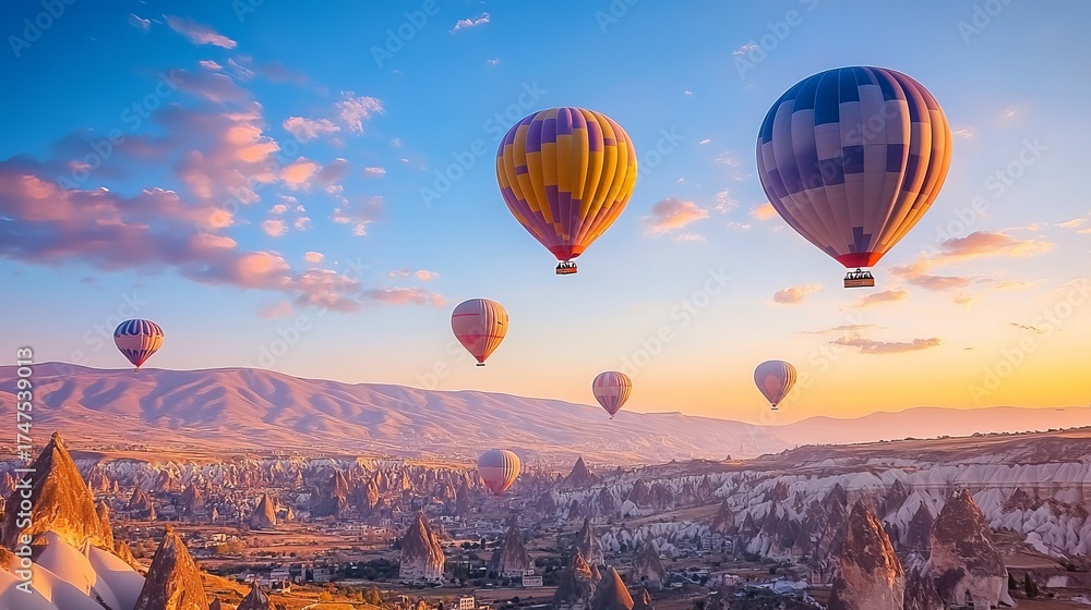 Fototapeta premium Majestic hot air balloons soaring over scenic valleys and fairy chimneys of cappadocia turkey at sunrise