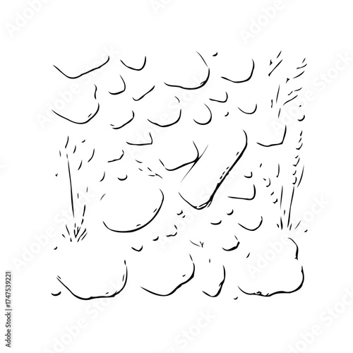 Abstract sketch portraying a riverbed composition featuring rounded stones and sparse vegetation