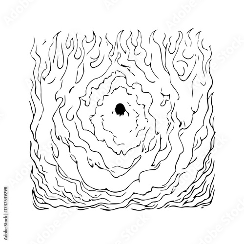 Abstract swirling vortex illustration of energetic lines and a dark center hinting at mystery