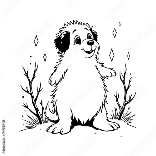Adorable fluffy puppy enjoying a crisp winter day surrounded by whimsical elements and delicate