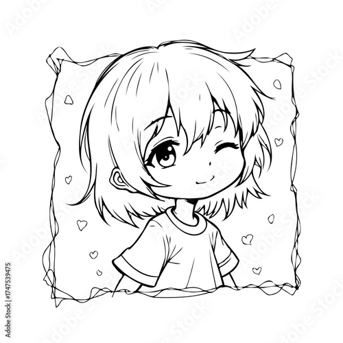 Adorable manga style little girl winking with playful expression inside decorative frame and hearts