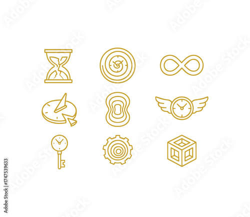 Elegant Gold Line Art Icons Symbolizing Time Measurement Eternity and Progress