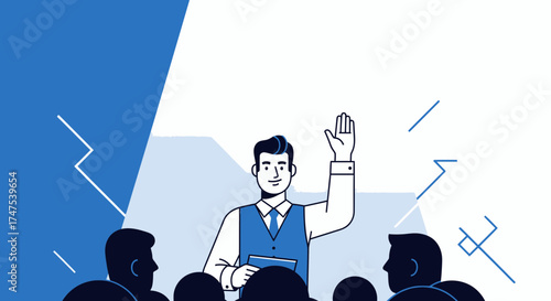 Leader Addressing Audience, Raising Hand in Vector Illustration Style