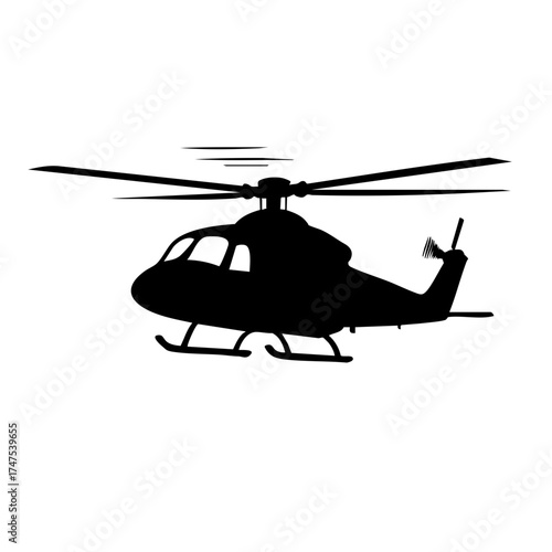 Silhouette of a helicopter hovering with rotor blades spinning