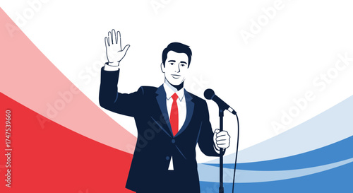 Leader Addressing A Crowd, Making A Public Speech With Hand Raised, Vector Illustration