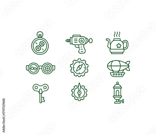 Steampunk essentials gears goggles blimps and keys for imaginative designs