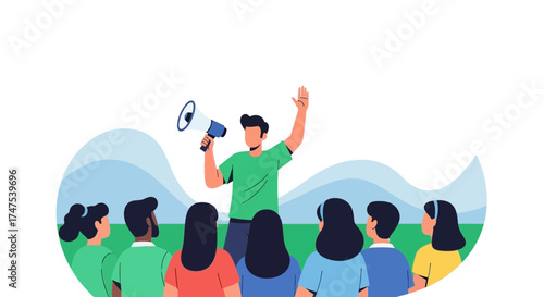Leader Spreading Message, Group Listening, Public Announcement Illustration, Vector, Modern Design