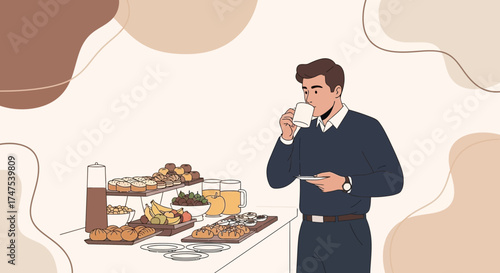 Man drinking coffee at a buffet breakfast illustration with a variety of foods