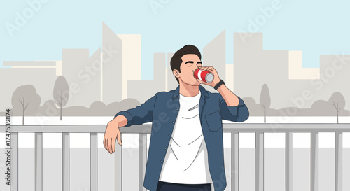 Man Drinking Enjoying Beverage Relaxing On Balcony In Front Of Cityscape View