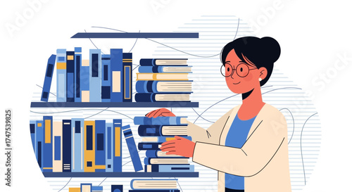 Librarian Organizes Bookshelf, Literature Theme Illustration Focused on Book Collection
