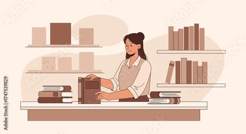 Librarian Organizing Books on Shelves and Counter in a Well-Designed Library Setting