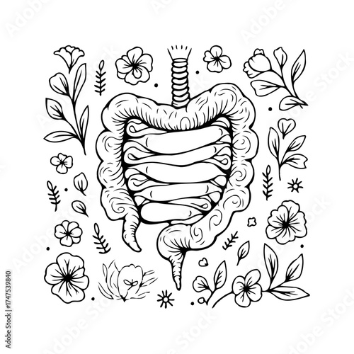 Anatomical intestine depiction with floral elements creating a visually appealing biological