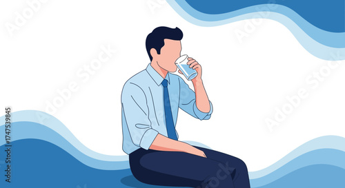 Man Drinking Water from Glass, Corporate Illustration on White Backdrop with Blue Wavy Design