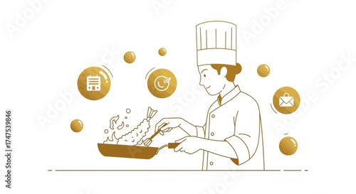 Line Art Illustration of a Chef Cooking Tempura in a Frying Pan, Minimalistic Design