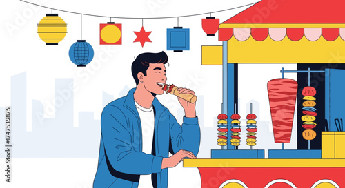 Man eating a delicious shawarma from a street food vendor in the city