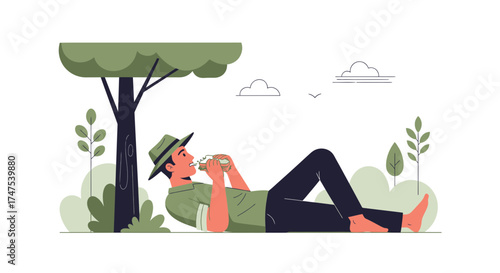 Man Eating a Sandwich Under the Shade of a Tree, Taking a Moment of Leisure