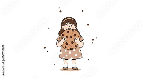 Little Girl Joyfully Hugging a Giant Cookie in Adorable, Whimsical Illustration Design