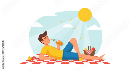 Man enjoying a drink on a picnic, sunny day with blue sky and a lovely summer vibe feeling