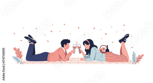 Lovely Couple Enjoying Wine While Relaxing On a Picnic Blanket, Beautiful Illustration