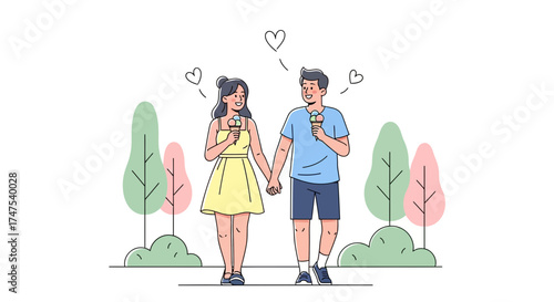 Loving Couple Enjoying Ice Cream Together in a Park Surrounded by trees