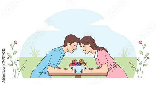 Loving Couple Enjoying Delicious Fruits Together During A Beautiful Summer Picnic