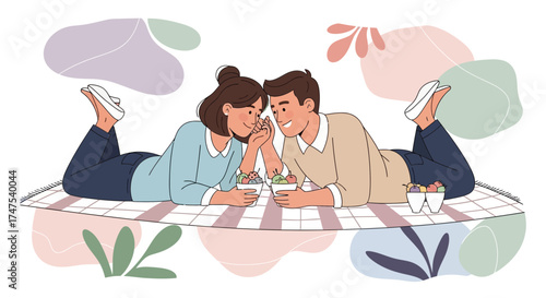 Loving Couple Relaxing On Picnic Blanket With Desserts And Expressing Affectionate Moments