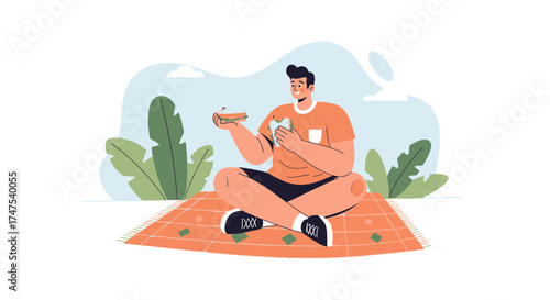 Man Enjoying a Peaceful Outdoor Picnic with Sandwich and Greenery