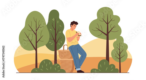 Man enjoying a picnic in a park with sandwiches and picnic baskets outdoors without commas