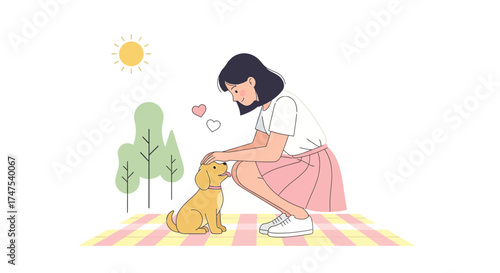 Loving Moment: A Girl Tenderly Petted Her Adorable Puppy During A Sunny Day Outdoors