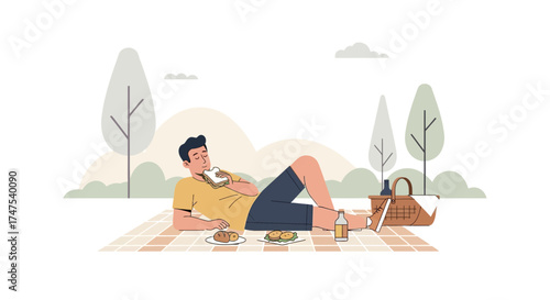 Man enjoying a picnic in the park eating sandwich on a sunny day vector illustration