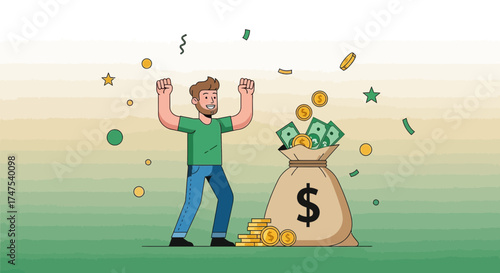 Lucky Person Celebrates Financial Success Beside a Bag of Money and Coins