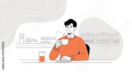 Man enjoying coffee and breakfast in dining, modern flat illustration