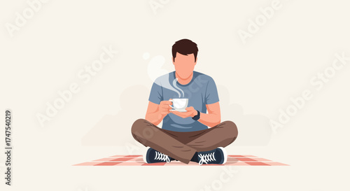 Man Enjoying Fresh Beverage Sitting Meditatively, Vector Illustration, Modern Design