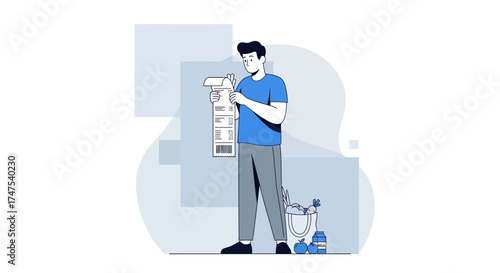 Man Analyzing Grocery Receipt after Shopping Trip with Bag and Groceries Illustration