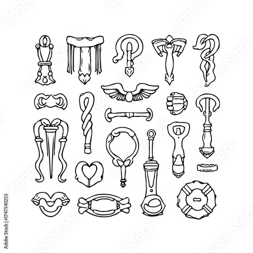 Artistic rendering of whimsical metallic objects, conveying charm and allure with an abstract,