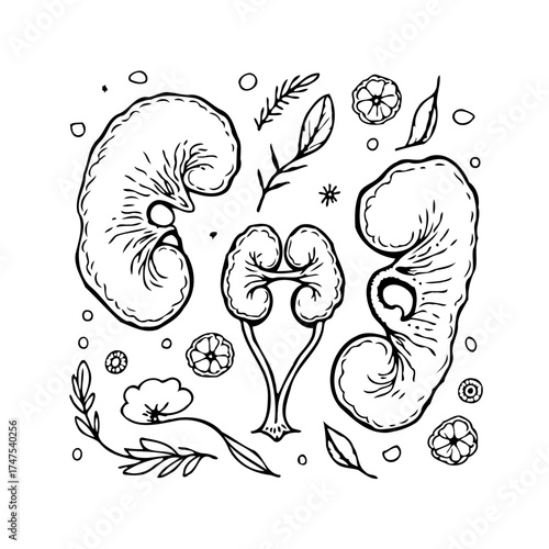 Artistic rendition of human kidneys surrounded by botanical elements and decorative floral shapes