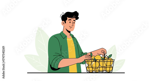 Man Arranging Fresh Fruit In a Basket: A Cheerful Illustration of Healthy Living