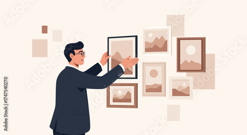 Man Arranging Artwork on Wall, Home Decor, Interior Design, Wall Art, and Framing  Illustration