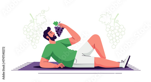 Man Enjoying Grapes in a Relaxed Pose Illustrating Healthy Lifestyle and Dietary Habits