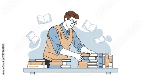Man Arranging Books on Shelves in Library Focused on Knowledge and Reading