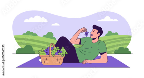 Man enjoying grapes on a picnic in the park illustration vector graphic design