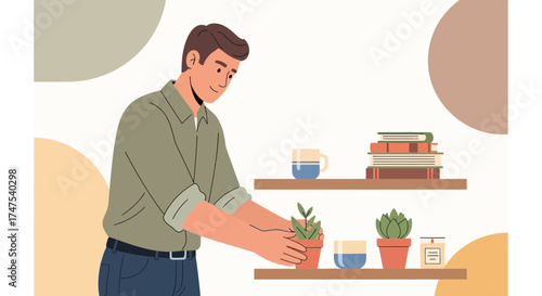 Man Arranging Potted Plant on Shelf, Living Room Interior Vector Illustration