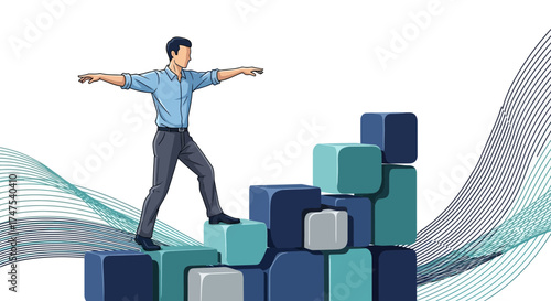 Man balancing on blocks representing business goals and climbing success pathway