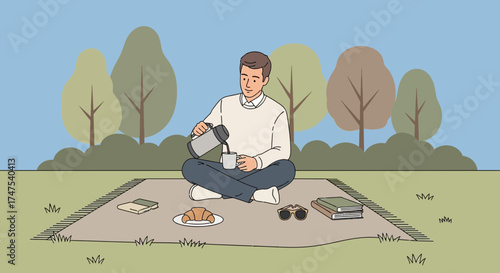 Man Enjoying Picnic Outdoors With Coffee, Reading, and Relaxation In Natural Scene