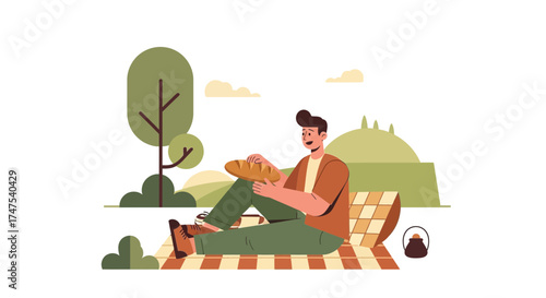 Man Enjoying Picnic With Fresh Bread and Nature in Relaxing Outdoor Scene