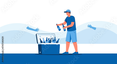 Man Enjoying Refreshing Drinks Near Cooler, Preparing For Leisure During A Vacation