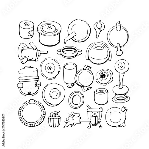 Assorted whimsical mechanical parts in black and white line art showcase industrial design